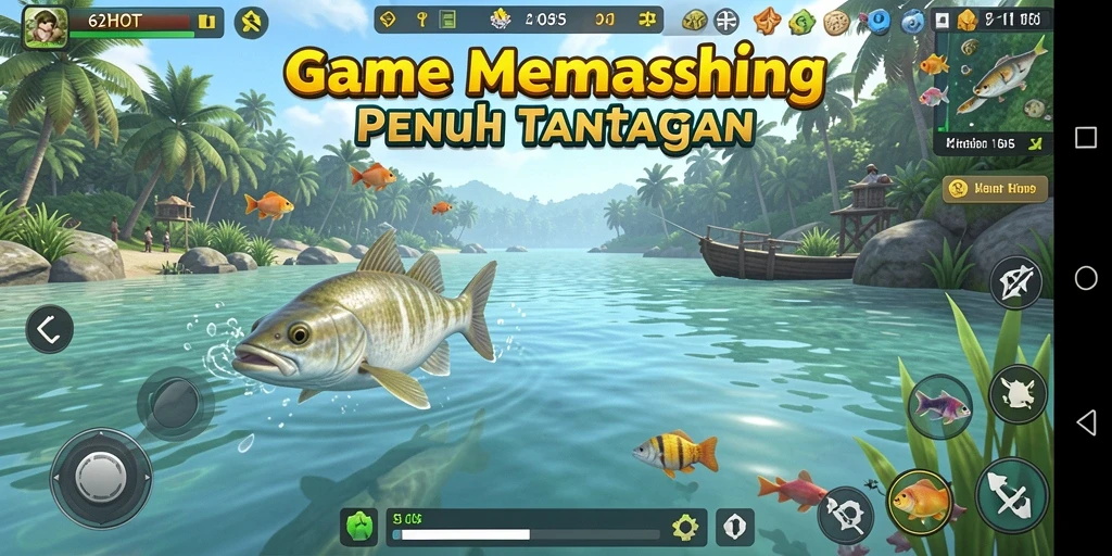 Screenshot gameplay 62HOT dengan aksi menangkap ikan yang seru.