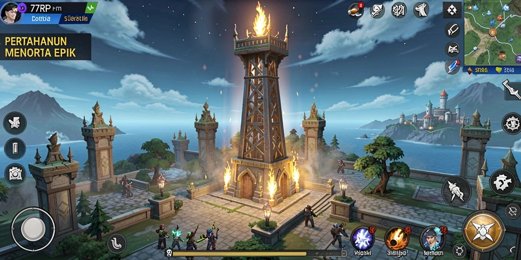 Screenshot gameplay 77RP menampilkan menara yang strategis melawan gelombang musuh.