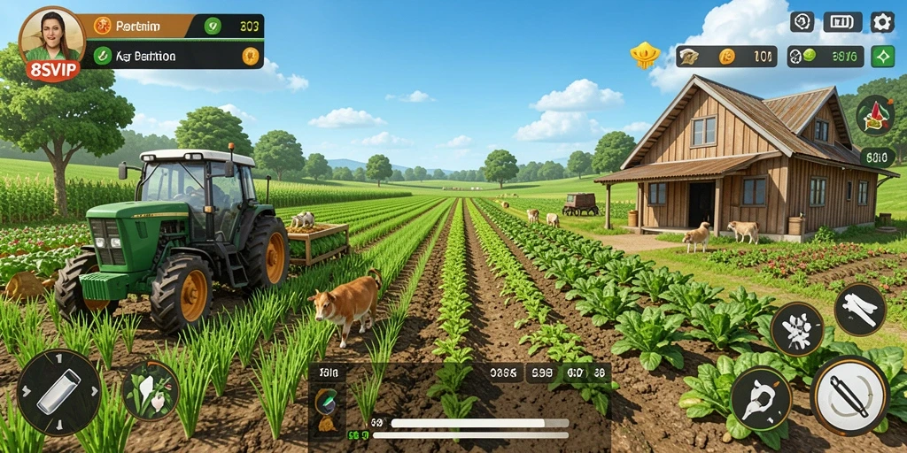 Tampilan gameplay 8SVIP dengan ladang pertanian yang subur.