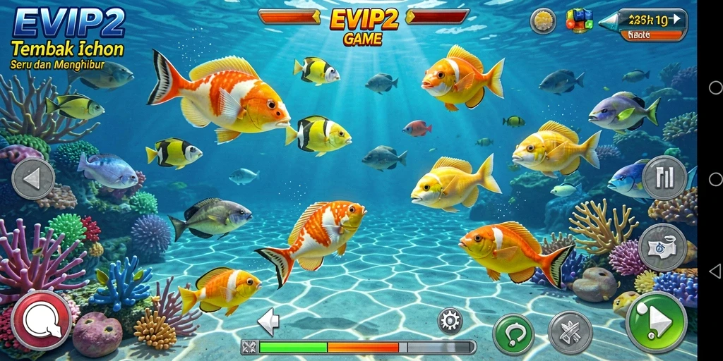 Screenshot gameplay EVIP2 dengan berbagai ikan dan senjata