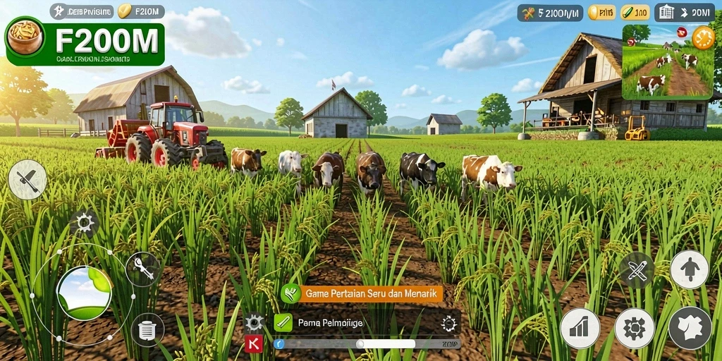 Tampilan gameplay yang menampilkan aktivitas bertani dalam F200M.