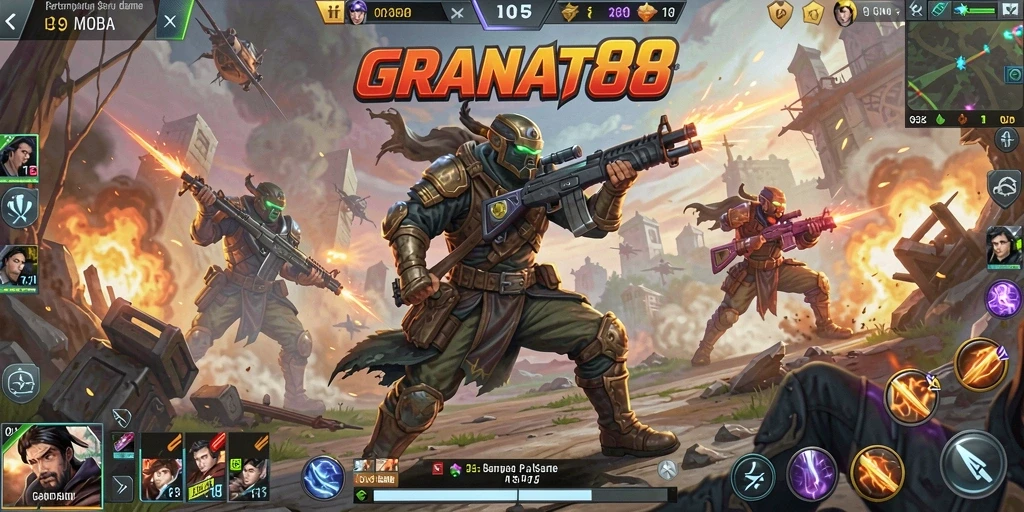 Screenshot gameplay seru dari GRANAT88 dengan strategi pertempuran MOBA.