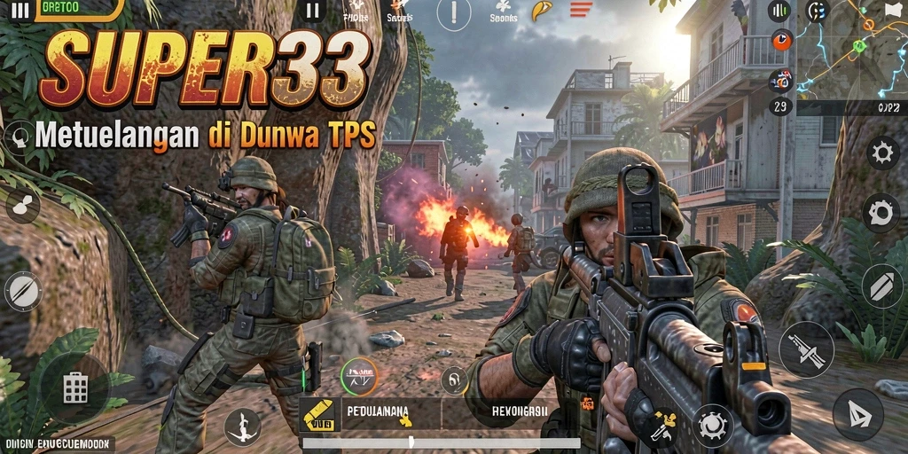 Screenshot utama menunjukkan aksi tembak-menembak yang intens di game TPS.