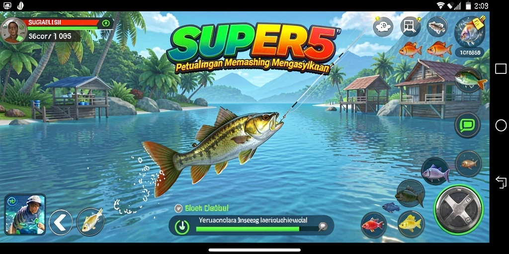 Screenshot gameplay <strong>SUPER5</strong> menampilkan aksi memancing yang seru dan menarik.