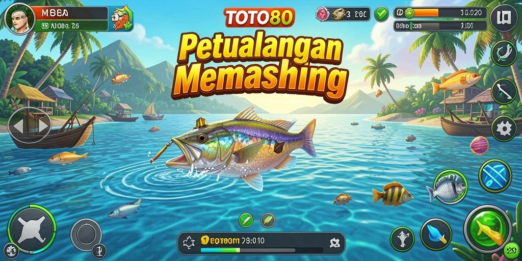 Screenshot gameplay TOTO80 menampilkan aksi seru saat memancing di laut.