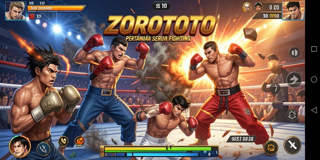 Screenshot ZOROTOTO menampilkan pertarungan epik di arena yang menarik.